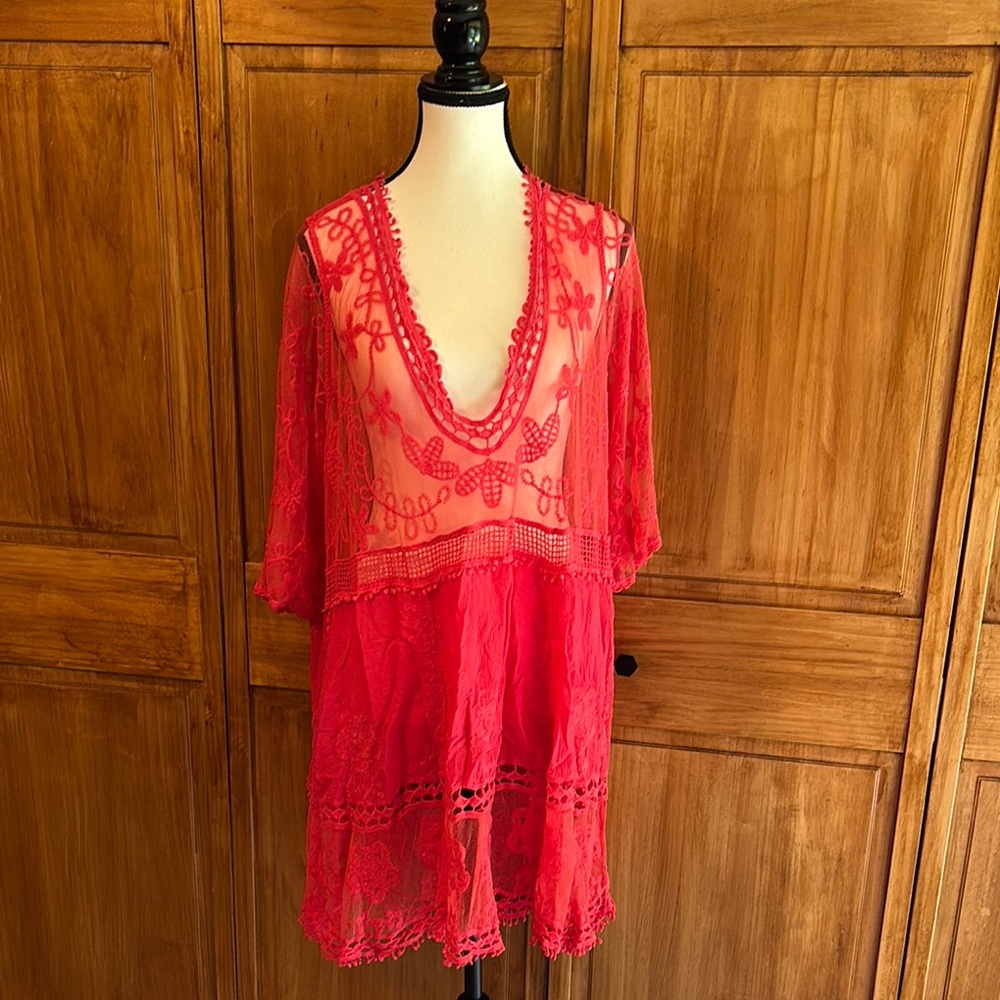 Elegant Red Lace Swim Coverup